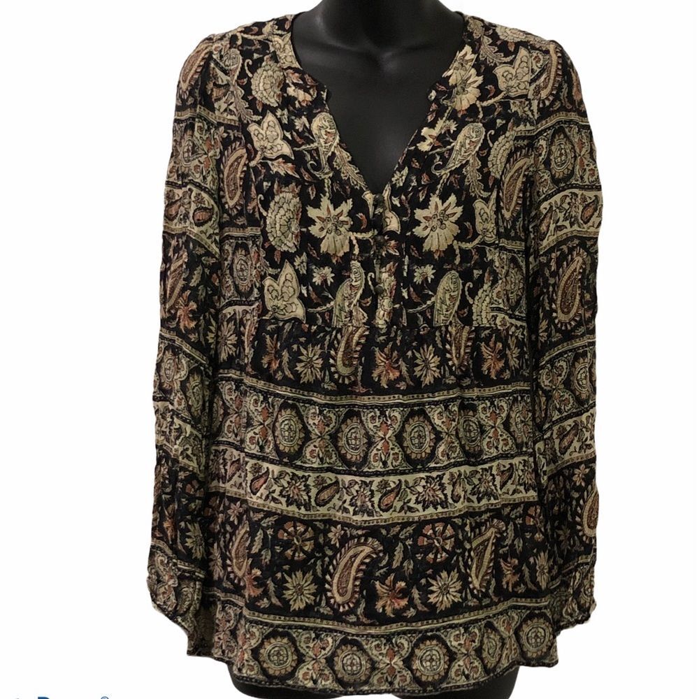 LUCKY BRAND bohemian oversized XS Long Sleeve Paisley Boho Ruched V-Neck